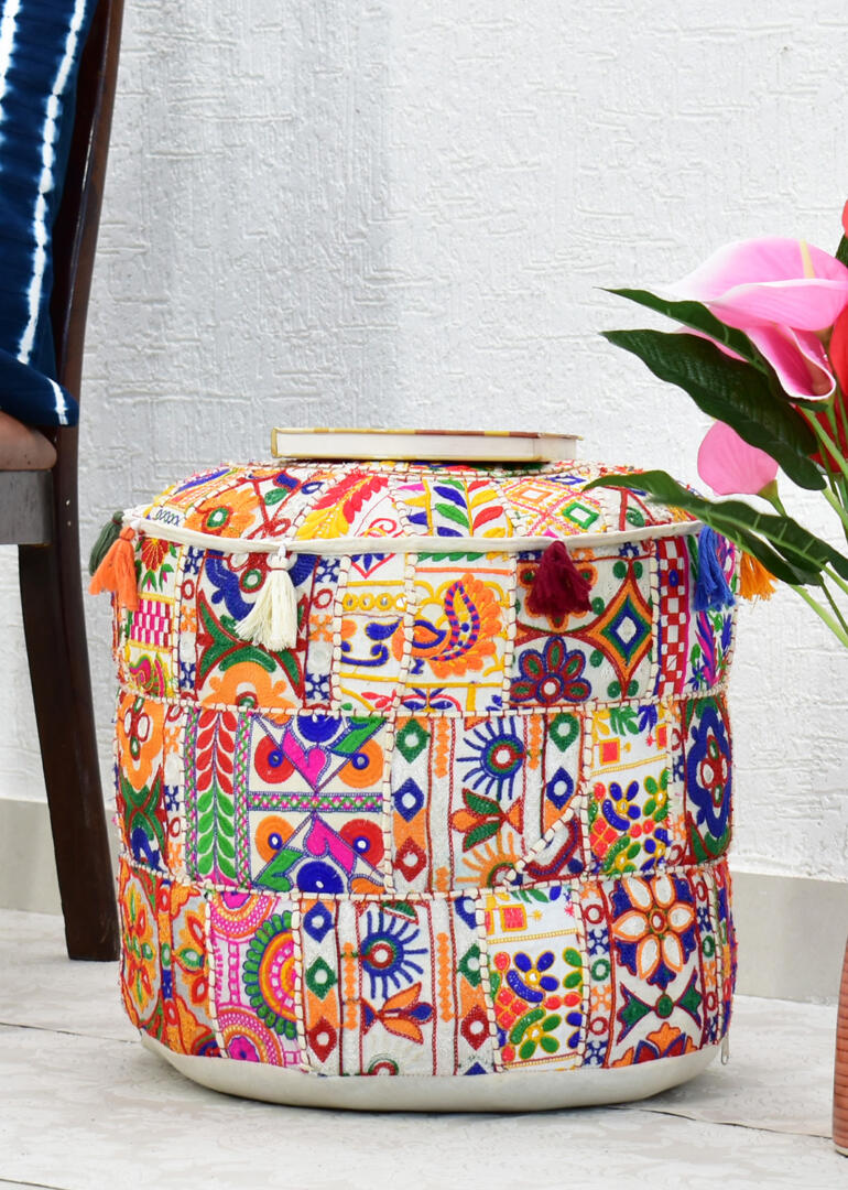 Gwen Pouffe/Ottoman Gujrati Rajmodi Patchwork - White - Image 1